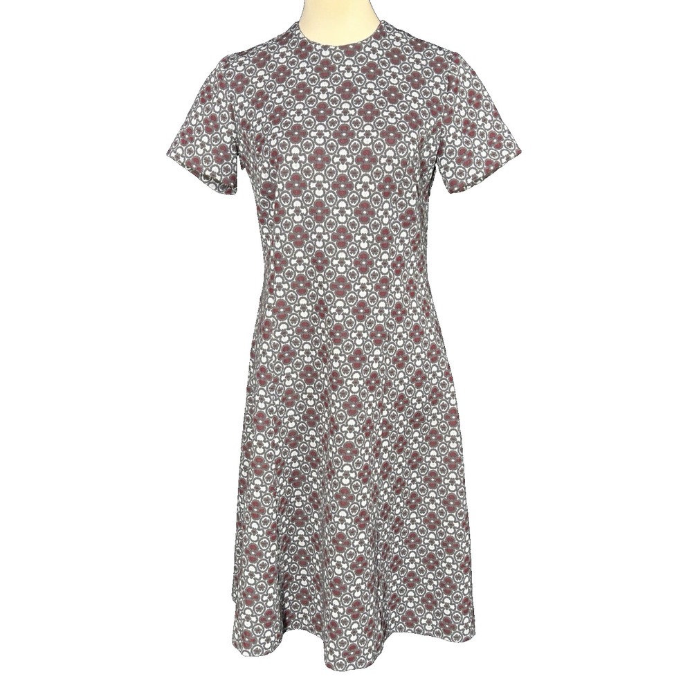 Vintage 70s Mod Style A Line Dress Geometric Trellis Motif Burgundy & Grey S/M